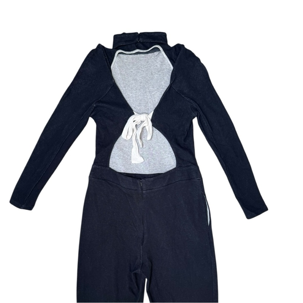 Reiss Ada Open Back Knit Jumpsuit 12 Mock Neck Tie Waist Bow Black - Picture 8 of 12